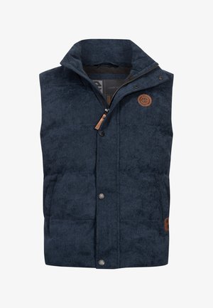 Námořnická modrá péřová vesta vyrobená z měkké látky s vysokým límcem, zipem, patentkami a koženou nášivkou na hrudi.