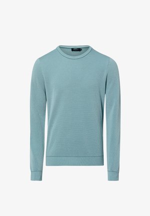 Pull à manches longues bleu clair texturé avec col rond et poignets et ourlet côtelés, étiquette "Maerz" à l'intérieur du col arrière.