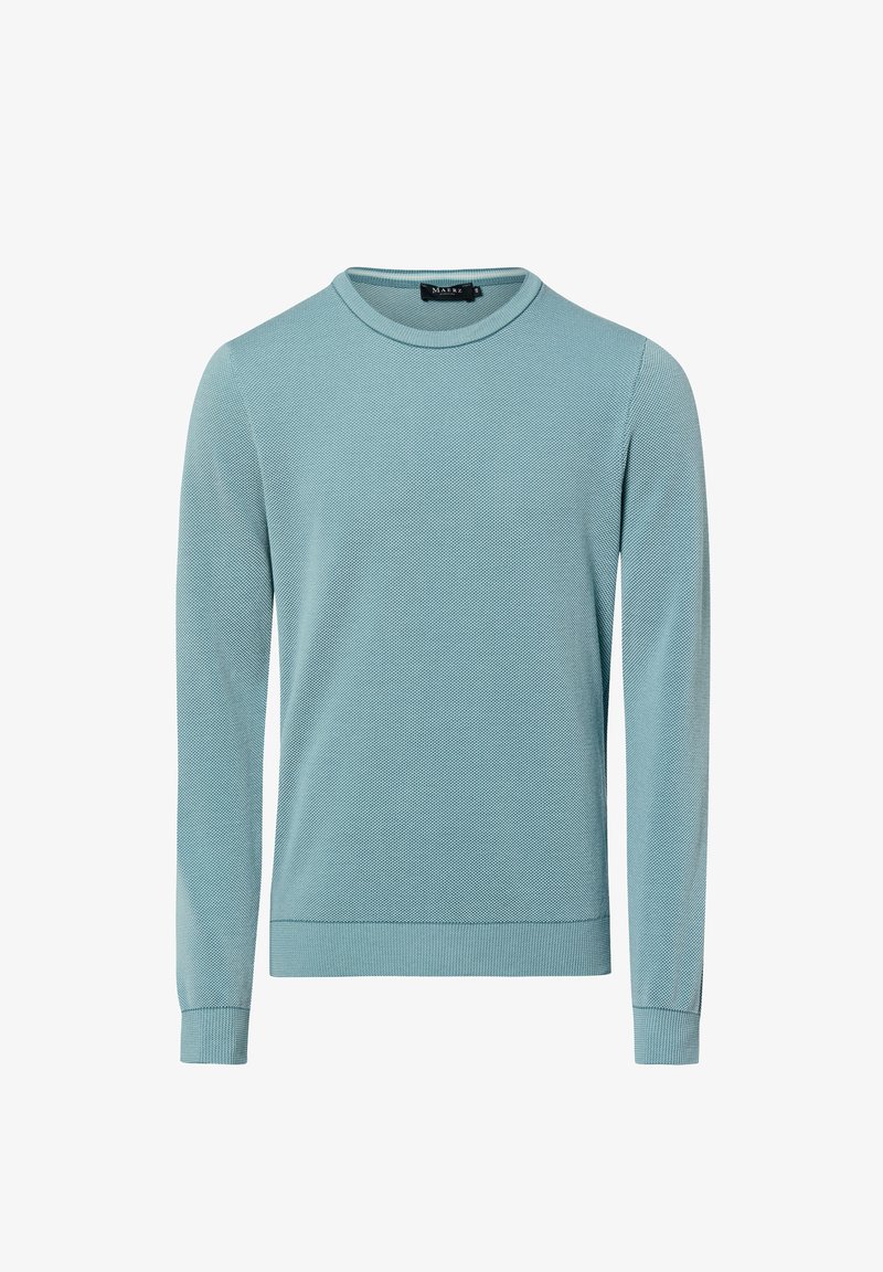 Pull à manches longues bleu clair texturé avec col rond et poignets et ourlet côtelés, étiquette "Maerz" à l'intérieur du col arrière.