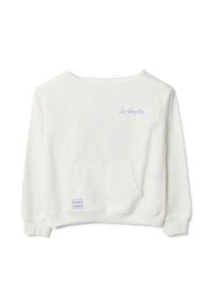 Felpa bianca a maniche lunghe con tasca frontale, polsini a costine e "Los Angeles" ricamato in viola chiaro sul petto.