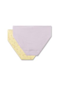 Zwei Unterhosen: eine einfarbige helllila, die andere gelb mit einem dezenten Palmenbaum-Muster. Beide aus Baumwolle, im mittelhohen Design.