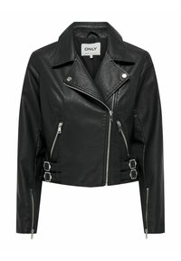 Veste de moto en simili cuir noir avec poches zippées, quincaillerie argentée et accents à boucle sur les côtés. Présente un col à revers et un design court.