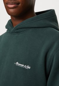 Hoodie vert en polaire avec un tissu texturé, arborant un logo blanc brodé sur la poitrine et une capuche avec cordon de serrage.