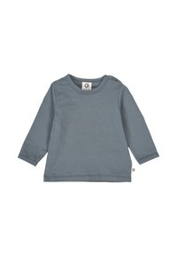 Long-sleeve shirt in soft blue fabric with a round neckline and a button detail on the shoulder. Simple design with a relaxed fit.