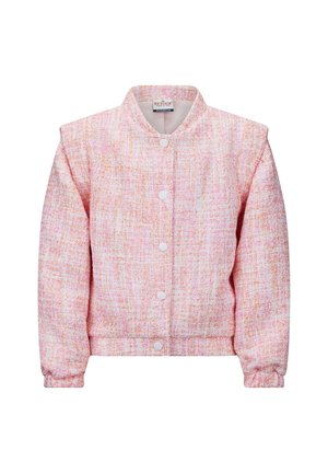 Roze en oranje tweedjasje met een ronde kraag, knopen aan de voorkant en gathered manchet, met een textuurpatroon over het geheel.