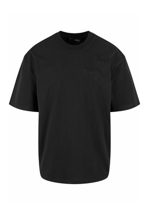 Schwarzes Baumwoll-T-Shirt mit rundem Ausschnitt, kurzen Ärmeln und dezent geprägtem "Dropsize"-Logo auf der Vorderseite, mit einem lockeren Schnitt.