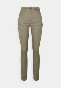 Khaki cargo kalhoty vyrobené z bavlněného směsového materiálu, s vysokým pasem, úzkým střihem, dvěma předními kapsami a dvěma bočními kapsami na cargo.
