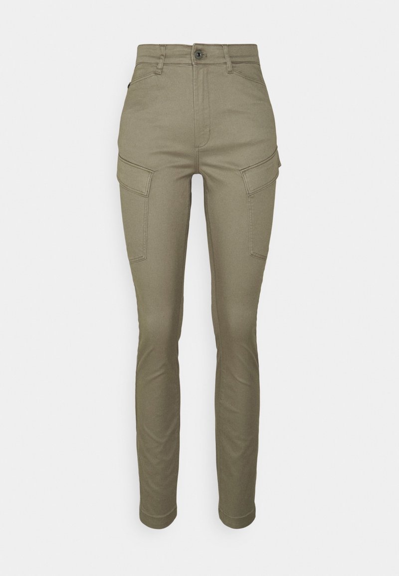 Khaki cargo kalhoty vyrobené z bavlněného směsového materiálu, s vysokým pasem, úzkým střihem, dvěma předními kapsami a dvěma bočními kapsami na cargo.