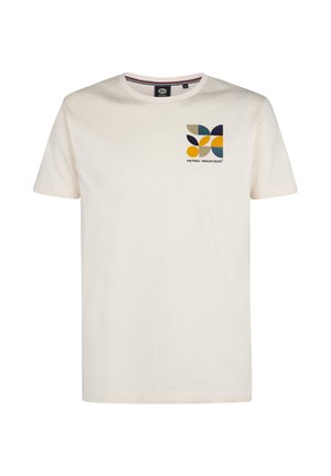 T-shirt in cotone color crema con maniche corte, caratterizzata da un logo geometrico colorato sul lato sinistro del petto e un design con collo rotondo.