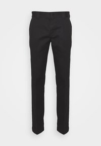 Pantaloni neri in tessuto liscio, con taglio dritto, passanti per la cintura e tasche laterali. Design minimalista senza modelli visibili.