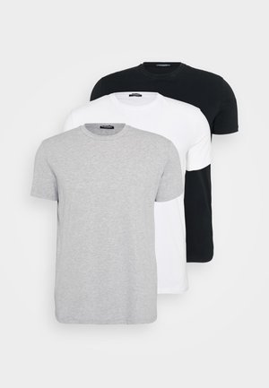 Drie T-shirts met korte mouwen in grijs, wit en zwart. Ronde hals, katoenstof, effen kleuren, lichtgewicht ontwerp met een casual pasvorm.