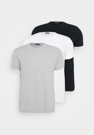 Drei kurzärmlige T-Shirts in Grau, Weiß und Schwarz. Rundhalsausschnitt, Baumwollstoff, einfarbig, leichtes Design mit lässiger Passform.