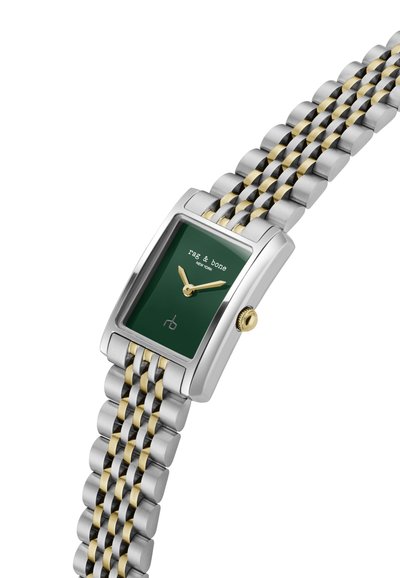 Rechteckige Uhr mit grünem Zifferblatt, goldenen Akzenten und einem Armband aus Edelstahl mit goldfarbenen Gliedern. Minimalistisches Design.