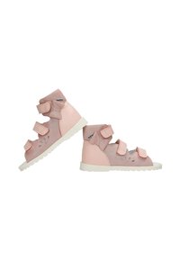 Helle rosa High-Top-Schuhe aus Wildleder und synthetischem Material mit drei Klettverschlussriemen, einer strukturierten Sohle und durchbrochenen Details.