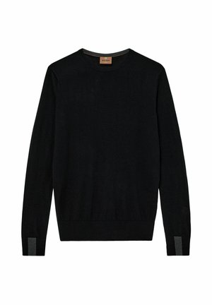 Suéter negro de punto con mangas largas, cuello redondo y puños acanalados. Presenta un sutil acento gris en los bajos de las mangas. Textura suave.