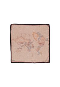 Foulard di seta con un design della mappa del mondo in morbidi colori pastello, bordato con un bordo scuro e dettagliate contorni geografici.