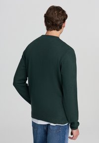 Maglione in maglia verde scuro con maniche lunghe, colletto tondo e polsini a coste. Indossato sopra una camicia bianca, con un fit casual.
