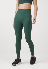 Groene high-waisted leggings van rekbaar materiaal, met een gladde structuur, logo-detail en gecombineerd met zwarte sportchoenen.