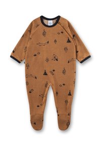 Brauner Fleece-Overall mit schwarzen Tier- und Pflanzenmustern, ausgestattet mit langen Ärmeln, einem runden Halsausschnitt und blauen Akzenten an den Bündchen und dem Kragen.