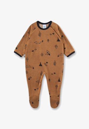 Brauner Fleece-Overall mit schwarzen Tier- und Pflanzenmustern, ausgestattet mit langen Ärmeln, einem runden Halsausschnitt und blauen Akzenten an den Bündchen und dem Kragen.