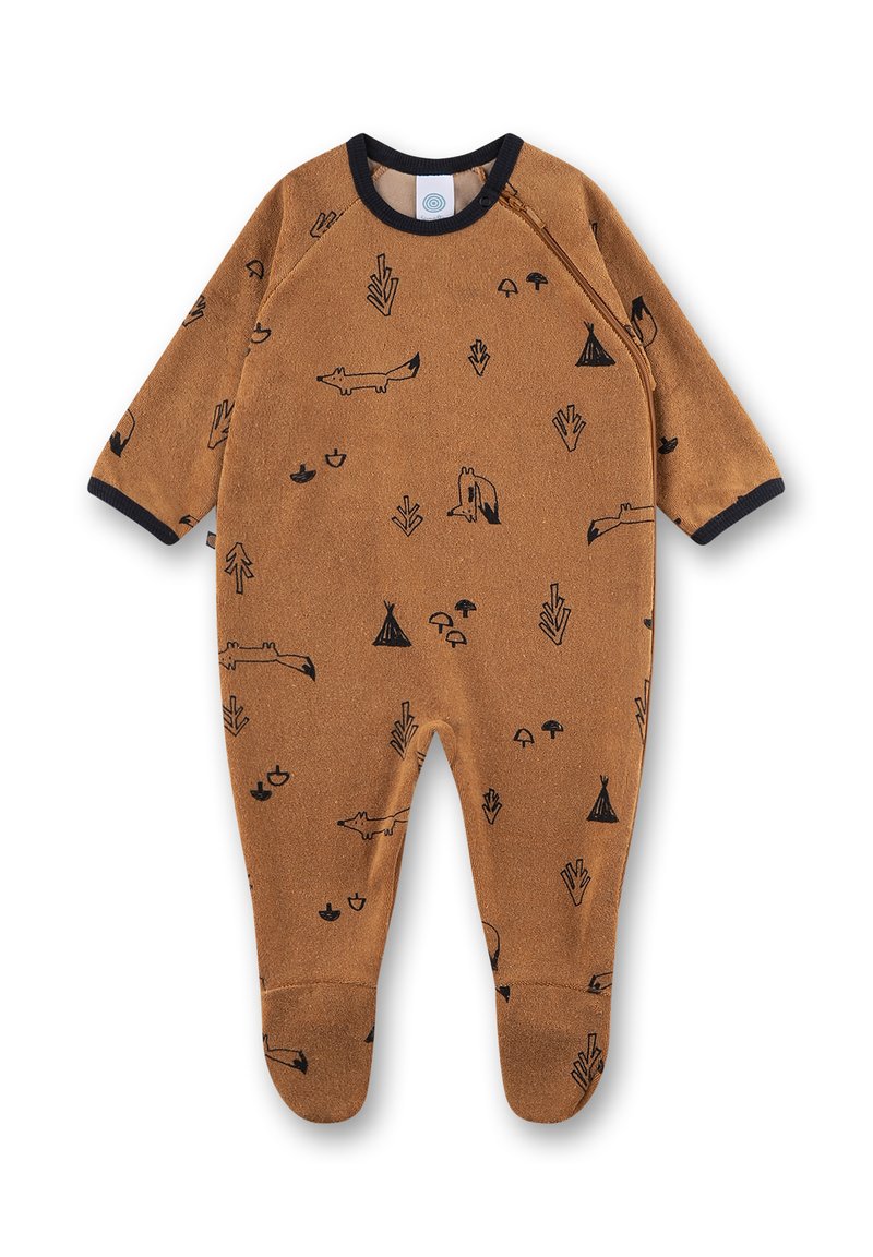 Brauner Fleece-Overall mit schwarzen Tier- und Pflanzenmustern, ausgestattet mit langen Ärmeln, einem runden Halsausschnitt und blauen Akzenten an den Bündchen und dem Kragen.