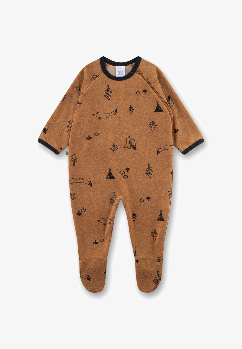 Romper in pile marrone con motivi di animali e piante neri, dotato di maniche lunghe, scollo tondo e rifiniture blu sui polsini e sul colletto.