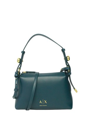 Dunkelgrüne Armani Exchange Ledertasche mit verstellbarem Schulterriemen und goldfarbener Hardware, inklusive Logo auf der Vorderseite.