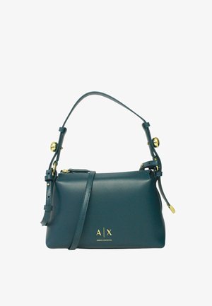 Borsa a mano in pelle verde scuro Armani Exchange con tracolla regolabile e accessori in oro, incluso il logo davanti.
