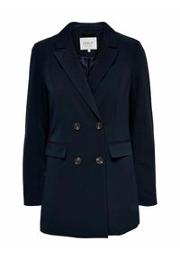 Námořnický modrý blazer s jednobarevným designem, dvojitými knoflíky a dvěma předními kapsami. Vyroben z hladké tkaniny s přiléhavým střihem.