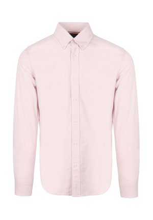 Lichtroze overhemd met knopen, gemaakt van stof met een gladde textuur. Beschikt over een klassieke kraag, lange mouwen en een afgeronde zoom met witte knopen.