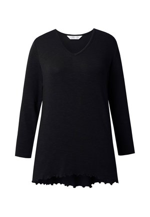Top nero a maniche lunghe con scollo a V, caratterizzato da una vestibilità rilassata e un orlo ondulato per una maggiore texture. Realizzato in tessuto morbido.