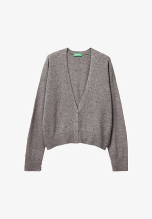 Cárdigan corto gris con escote en V, mangas largas y cierre de botones. Confeccionado en material de punto texturizado con dobladillo y puños acanalados.