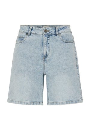 Hellblaue Jeansshorts mit hoher Taille, fünf Taschen und leicht lockerer Passform. Der Saum unten ist mit einer geraden Kante genäht.