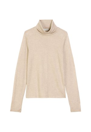 Beige coltrui met lange mouwen van zachte, lichtgewicht stof. Heeft een relaxte pasvorm en een minimalistisch ontwerp zonder zichtbare patronen.