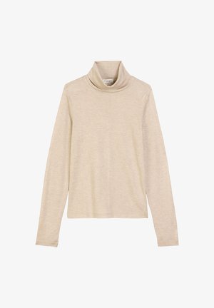 Beige Rollkragenpullover mit langen Ärmeln aus weichem, leichtem Stoff. Hat eine lockere Passform und ein minimalistisches Design ohne sichtbare Muster.