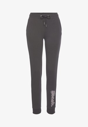 Donkergrijze sweatpants van zacht materiaal, met een elastische tailleband en een trekkoord en geribbelde manchetten. "Bench." logo gedrukt op het been.