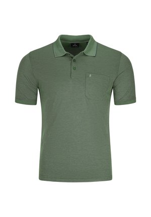 Grünes Polo-Shirt mit kurzen Ärmeln, zwei Knöpfen, einer Brusttasche auf der linken Seite und einem gefalteten Kragen mit strukturierten Kanten.