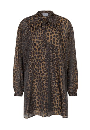 Leopard print blouse with a bow tie collar, long sleeves, and a loose fit. Made of lightweight fabric with a semi-sheer texture.