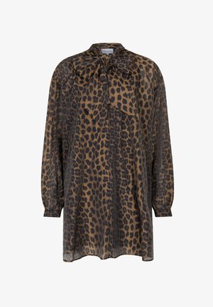 Leopard print blouse with a bow tie collar, long sleeves, and a loose fit. Made of lightweight fabric with a semi-sheer texture.