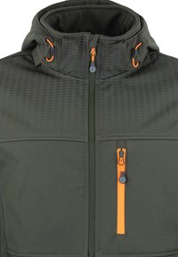 Dunkelgrüne Jacke mit strukturierter Oberfläche. Verfügt über eine verstellbare Kapuze, orangefarbene Reißverschlüsse und eine mit Reißverschluss verschließbare Brusttasche zur Aufbewahrung.