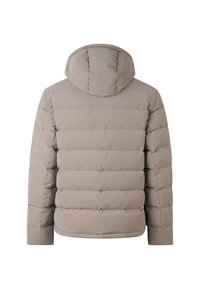 Puffer jacket in light gray, featuring a hood, quilted pattern, and elastic cuffs. Smooth texture with a rounded bottom hem.
