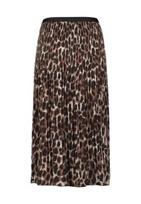 Faittablier mit einem Leopardenmuster in Braun- und Schwarztönen, mit einem schwarzen Bund, aus einem glatten, fließenden Material hergestellt.