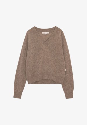 Maglioncino marrone chiaro a maglia con scollatura a V e maniche lunghe. Presenta un design croppato e un tessuto leggermente strutturato.