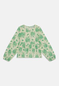 Maglietta a maniche lunghe di colore beige chiaro con motivo floreale verde, dotata di un colletto rotondo e dettagli arricciati in vita. Tessuto morbido.