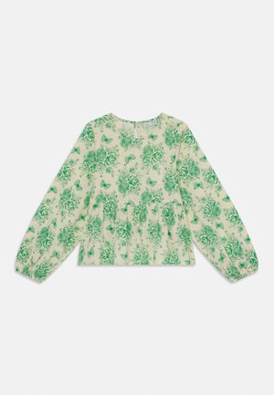 Długo-sleeve top w jasnym beżu z zielonym kwiatowym wzorem, z okrągłym dekoltem i marszczeniem w talii. Miękka tekstura materiału.
