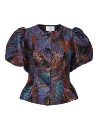 Blusa con maniche a sbuffo nera con motivi di paillettes multicolori, dotata di colletto rotondo e chiusura frontale con bottoni. Tessuto texture.