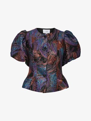 Svart blus med puffärmar och flerfärgade paljettmönster, med rund krage och knappstängning fram. Texturerad tyg.