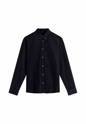 Czarna koszula z guzikami, wykonana z teksturowanej tkaniny, z kołnierzykiem, długimi rękawami i prostym dołem oraz mankietami zapinanymi na guziki.