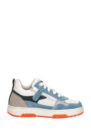 Low-top sneaker with white, blue, beige, and black panels, white laces, side zipper, and orange rubber sole.