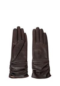 Guanti in pelle marrone con una texture liscia, dal design aderente e polsi arricciati. Caratterizzati da una forma classica e dettagli delicati.